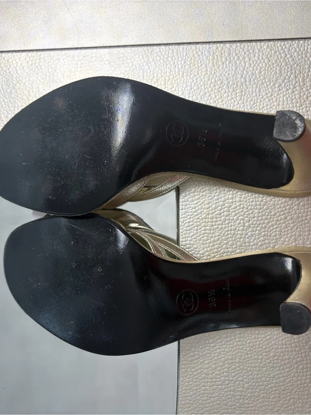 CHANEL METALLIC GOLD LEATHER CRYSTAL STRAPPY MULE SANDALS HEELS SZ 36.5